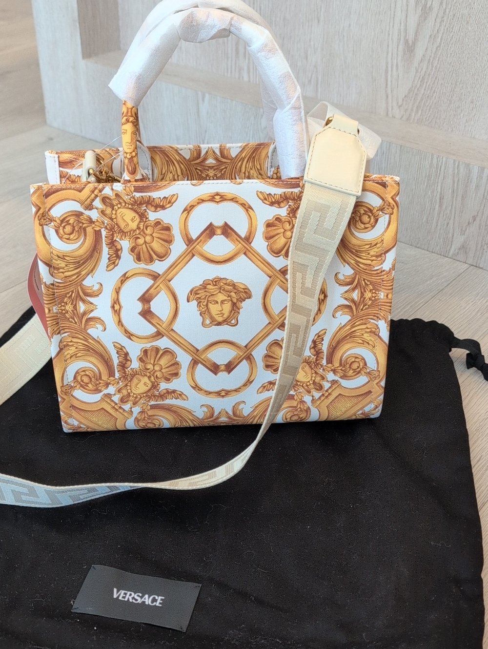 Versace White and Gold Baroque Print Tote
